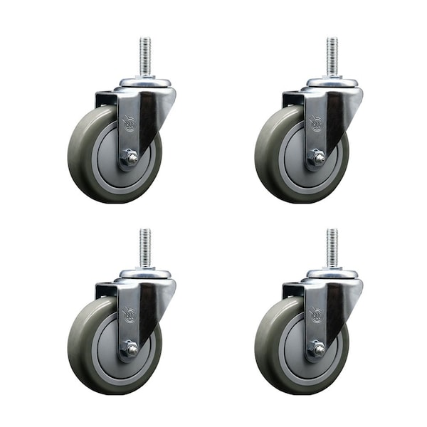 4 Inch Gray Polyurethane Wheel Swivel 34 Inch Threaded Stem Caster Set Service Caster
